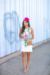 floral shift dress, kentucky derby hat, floral fascinator, spring floral dress, floral fit and flare dress, tory burch foldover crossbody bag, kentucky derby outfit, what to wear to the kentucky derby, kentucky oaks, pink fascinator, wedding guest outfit, eliza j dress, preppy outfit ideas, preppy fashion, spring dress, spring fashion, preppy spring outfit, preppy spring fashion, preppy spring dress, large monogram necklace, kentucky derby attire // grace wainwright a southern drawl