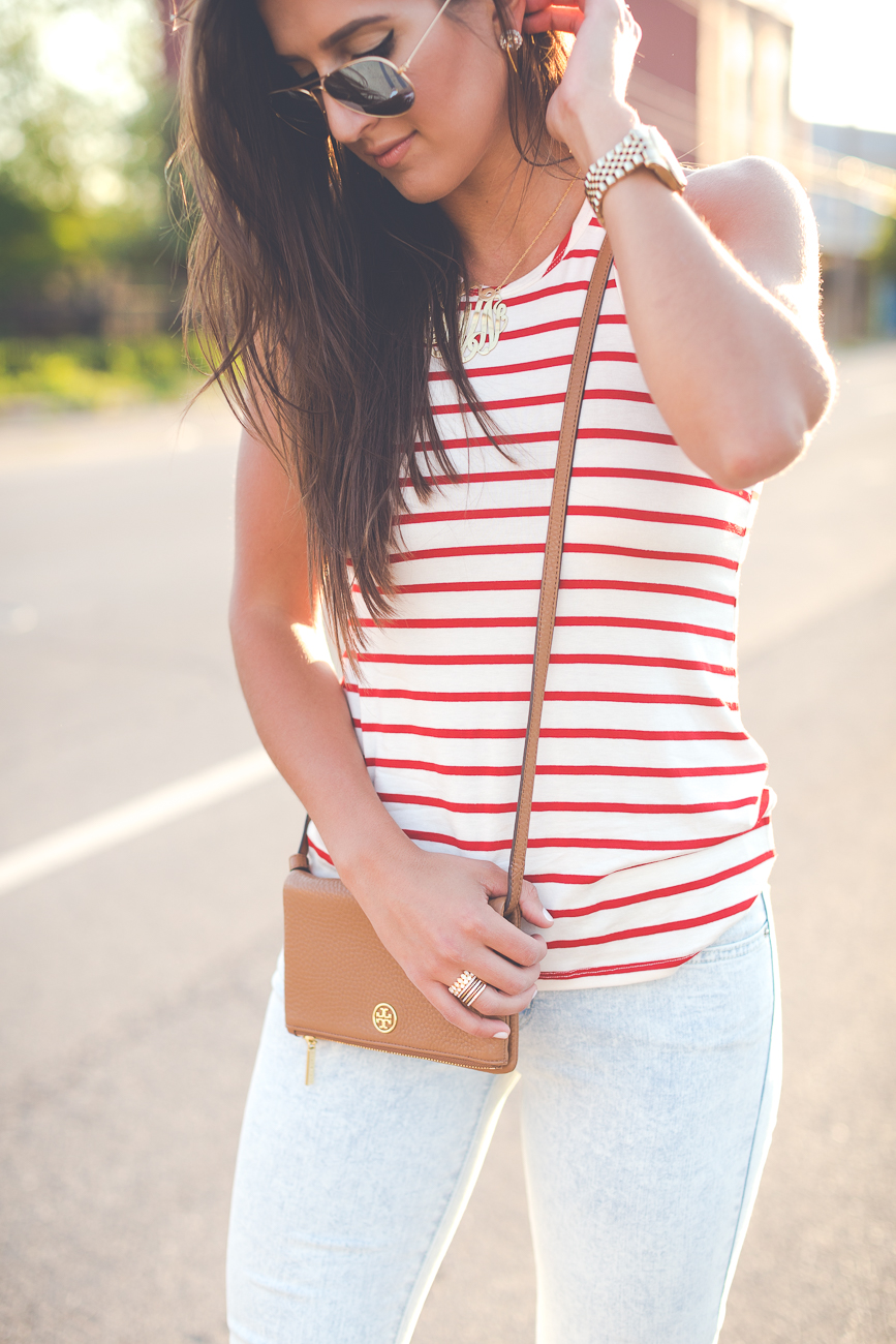 levi jeans, levis, levi skinny jeans, red stripe tank, red racerback tank, stripe racerback tank, racerback stripe tank, tory burch crossbody bag, cognac crossbody purse, summer fashion, summer outfit ideas, nude espadrille sandals, gold monogram necklace, extra large ribbon letter monogram necklace, extra large monogram necklace, levis jeans // grace wainwright from a southern drawl
