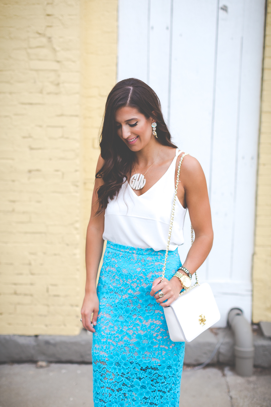 turquoise lace pencil skirt, lace skirt, aqua skirt, nbd lace skirt, topshop camisole, tory burch mercer shoulder bag, extra large acrylic monogram necklace, lace up heels, lace up sandals, lace up shoes, summer fashion, business outfit, business professional, business attite // grace wainwright a southern drawl