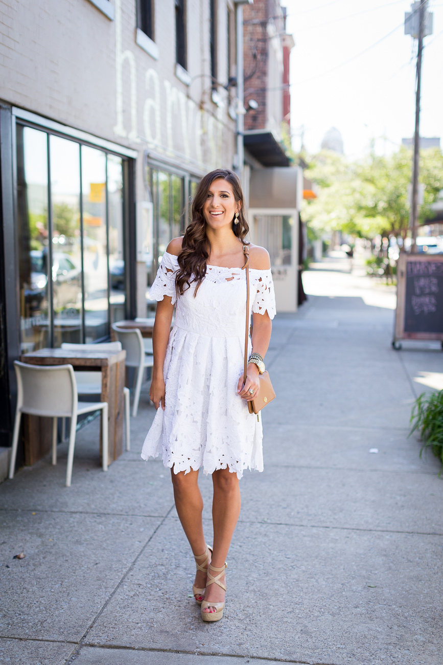 white off the shoulder dress, little white dress, white crochet dress, nude espadrille wedges, nude espadrille sandals, summer fashion, summer outfit ideas, summer style, spring style, spring fashion, off the shoulder crochet dress, tory burch crossbody bag, statement earrings, baublebar earrings, chicwish dress // grace wainwright a southern drawl