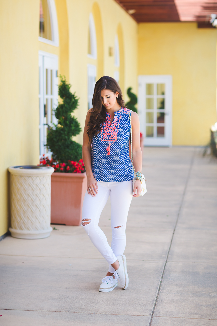 coral embroidered top, meritage resort and spa,  embroidered tank top, distressed white jeans, ugg eyan canvas sneaker, summer outfit ideas, summer fashion, casual summer outfit, casual style, casual fashion, tory burch mercer crossbody bag, j.crew factory emrboidered tank top // grace wainwright a southern drawl
