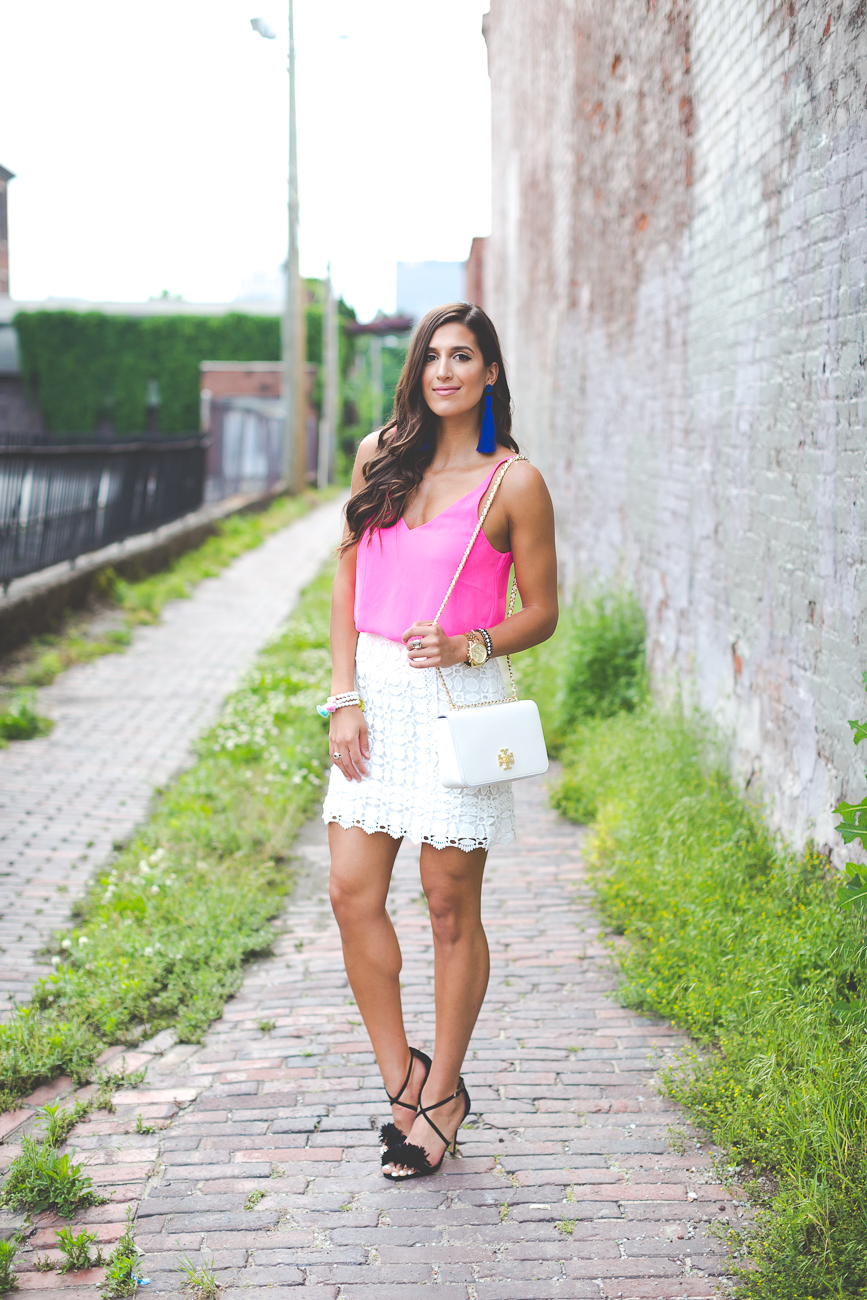 kentucky fashion blogger, topshop cami, white mini skirt, white a line skirt, blue tassel earring, oversized tassel earrings, summer fashion, summer style, topshop skirt, tory burch white crossbody bag, tassel bracelets, date night fashion, date night outfit, feminine outfit, girly outfit // grace wainwright a southern drawl 