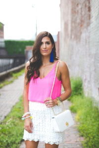 kentucky fashion blogger, topshop cami, white mini skirt, white a line skirt, blue tassel earring, oversized tassel earrings, summer fashion, summer style, topshop skirt, tory burch white crossbody bag, tassel bracelets, date night fashion, date night outfit, feminine outfit, girly outfit // grace wainwright a southern drawl