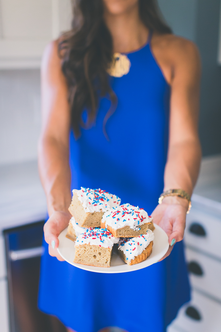 blue shift dress, fourth of july fashion, fourth of july dress, extra large gold monogram necklace, fourth of july recipes, fourth of july dessert recipes, fourth of july healthy recipes, fourth of july healthy dessert recipes, protein cake bars recipe, protein powder bars recipe, protein bread recipe, healthy pound cake recipe, healthy protein pound cake recipe, cool whip dessert recipes, low calorie desserts, american themed low calorie dessert, healthy summer dessert recipes, july fourth sprinkles // grace wainwright a southern drawl