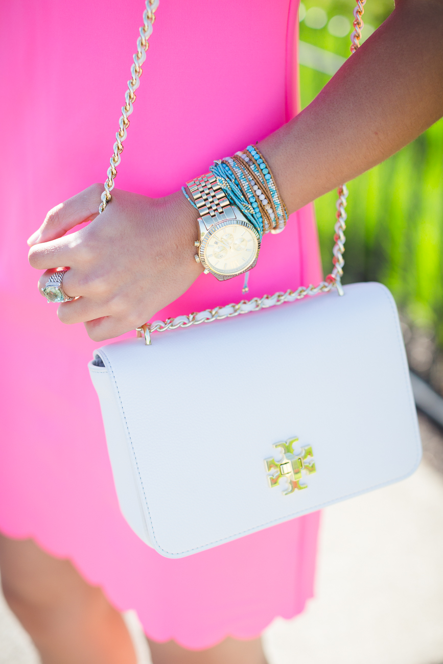 lilly pulitzer pink scallop dress, lilly pulitzer mikayla shift dress, lilly pulitzer outfit, preppy pink outfits, preppy outfit ideas, preppy summer outfits, turquoise wrap bracelet, tory burch mercer crossbody bag, white tory burch purse, lace up heels, lace up sandals, pink scallop outfit, fuchsia mini dress, fuchsia shift dress // grace wainwright a southern drawl