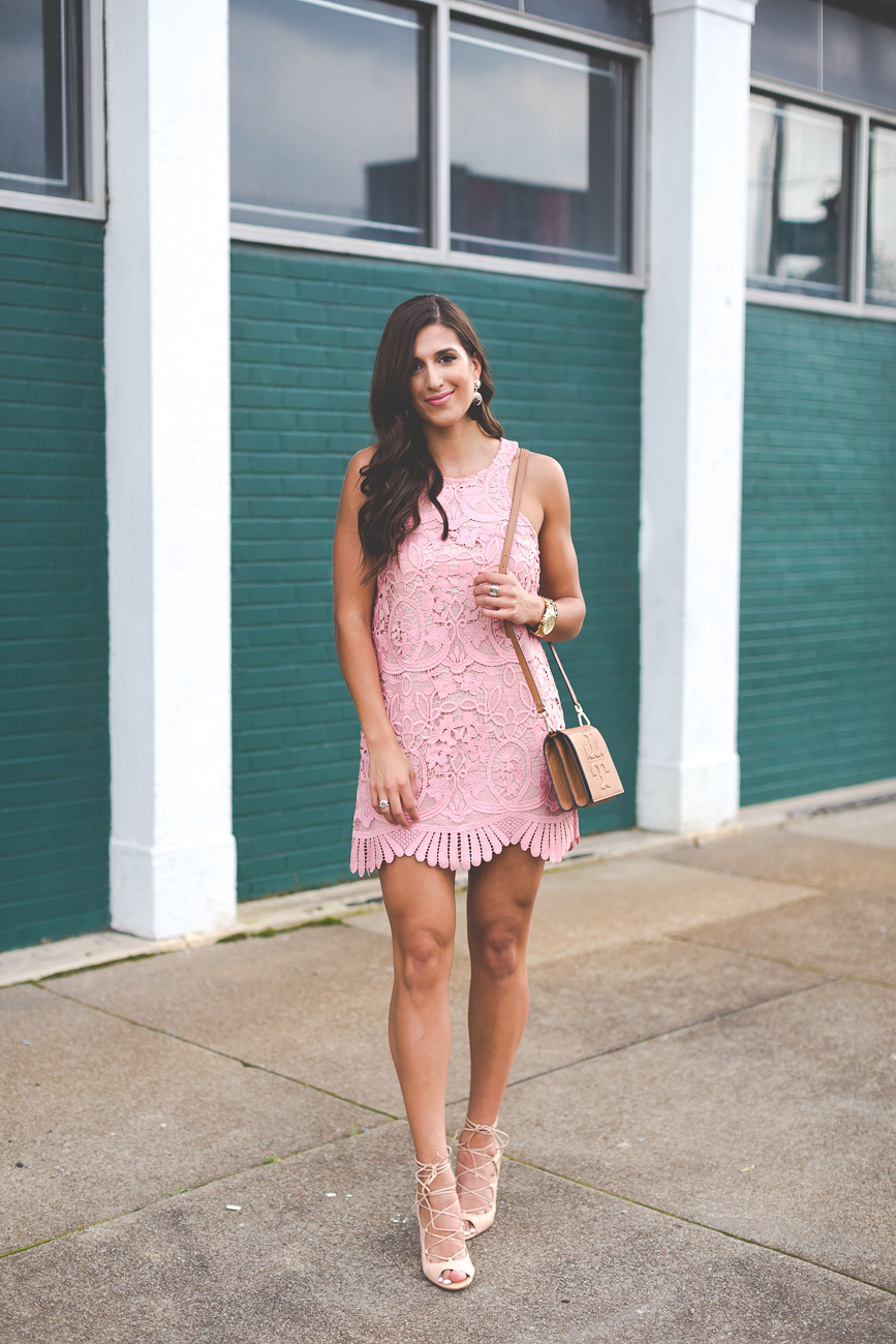 lovers and friends caspian dress, blush pink dress, blush pink shift dress, pink mini dress, pink scallop dress, pink lace dress, little lace dress, summer dress, tulle statement earrings, tulle earrings, lace up sandals, tory burch brown crossbody bag, tory burch bombe t cross body bag, summer fashion, summer style // grace wainwright a southern drawl
