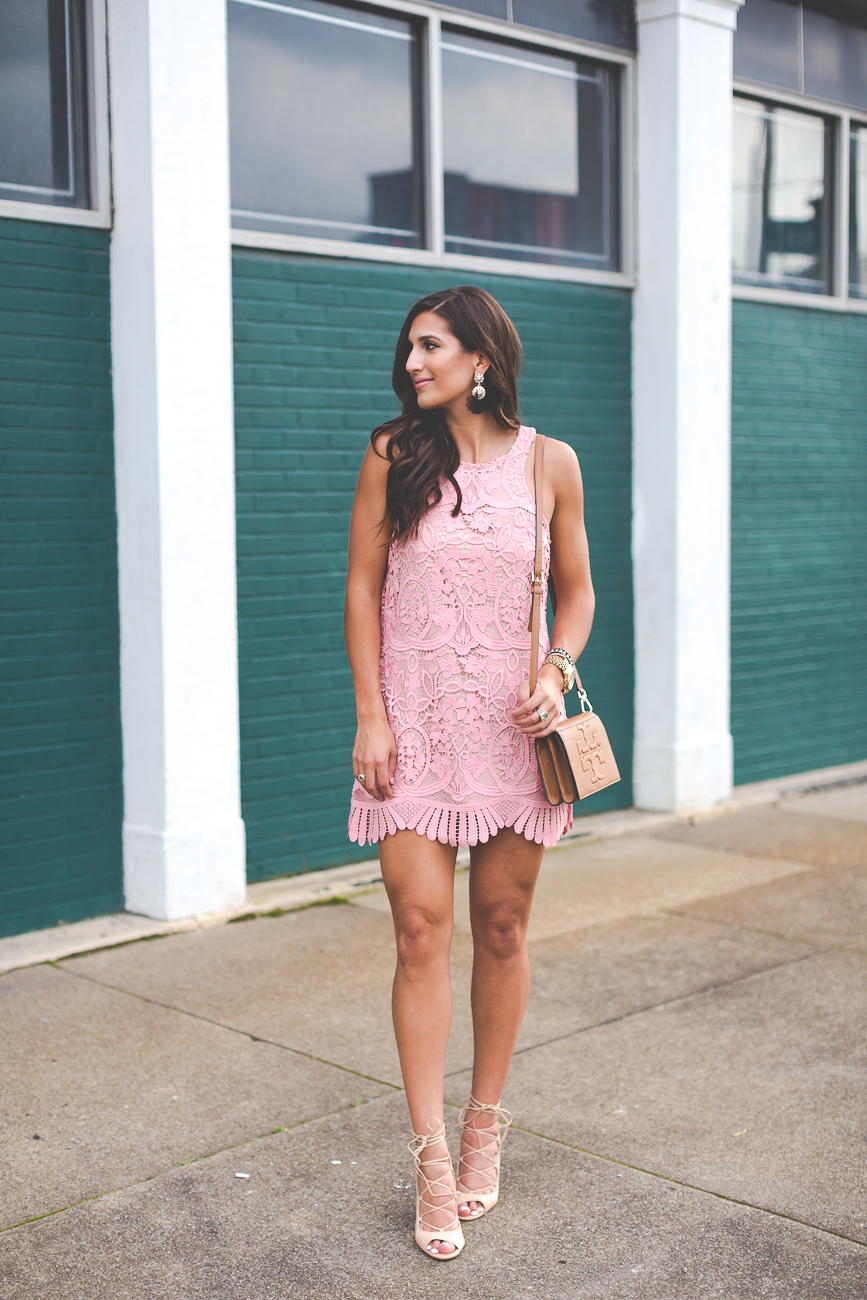 lovers and friends caspian dress, blush pink dress, pink mini dress, pink scallop dress, pink lace dress, little lace dress, summer dress, tulle statement earrings, tulle earrings, lace up sandals, tory burch brown crossbody bag, tory burch bombe t cross body bag, summer fashion, summer style // grace wainwright a southern drawl