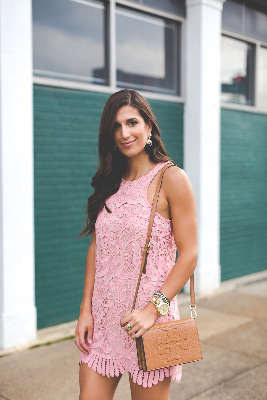 lovers and friends caspian dress, blush pink shift dress, blush pink dress, pink mini dress, pink scallop dress, pink lace dress, little lace dress, summer dress, tulle statement earrings, tulle earrings, lace up sandals, tory burch brown crossbody bag, tory burch bombe t cross body bag, summer fashion, summer style // grace wainwright a southern drawl