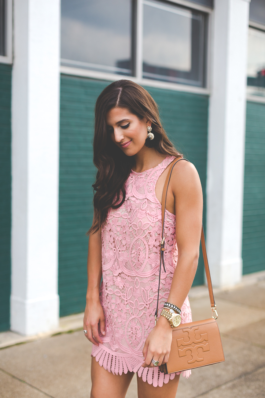 lovers and friends caspian dress, blush pink dress, pink mini dress, pink scallop dress, pink lace dress, little lace dress, summer dress, tulle statement earrings, tulle earrings, lace up sandals, tory burch brown crossbody bag, tory burch bombe t cross body bag, summer fashion, summer style // grace wainwright a southern drawl