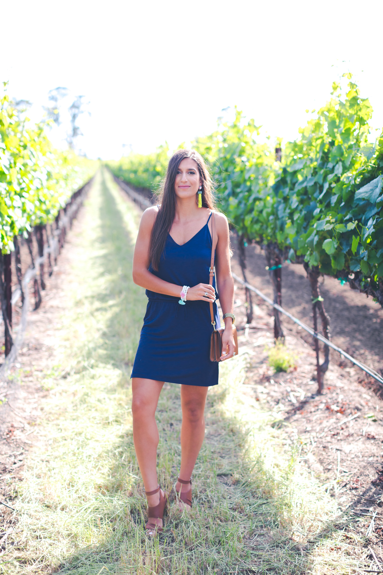 navy cotton dress, yellow tassel earrings, tassel jewelry, tory burch bombe t crossbody bag, baublebar jewelry, napa valley, wine country, vineyards, napa fashion, wine tasting outfit, summer style, summer sundress, cotton sundress, navy sundress // grace wainwright a southern drawl