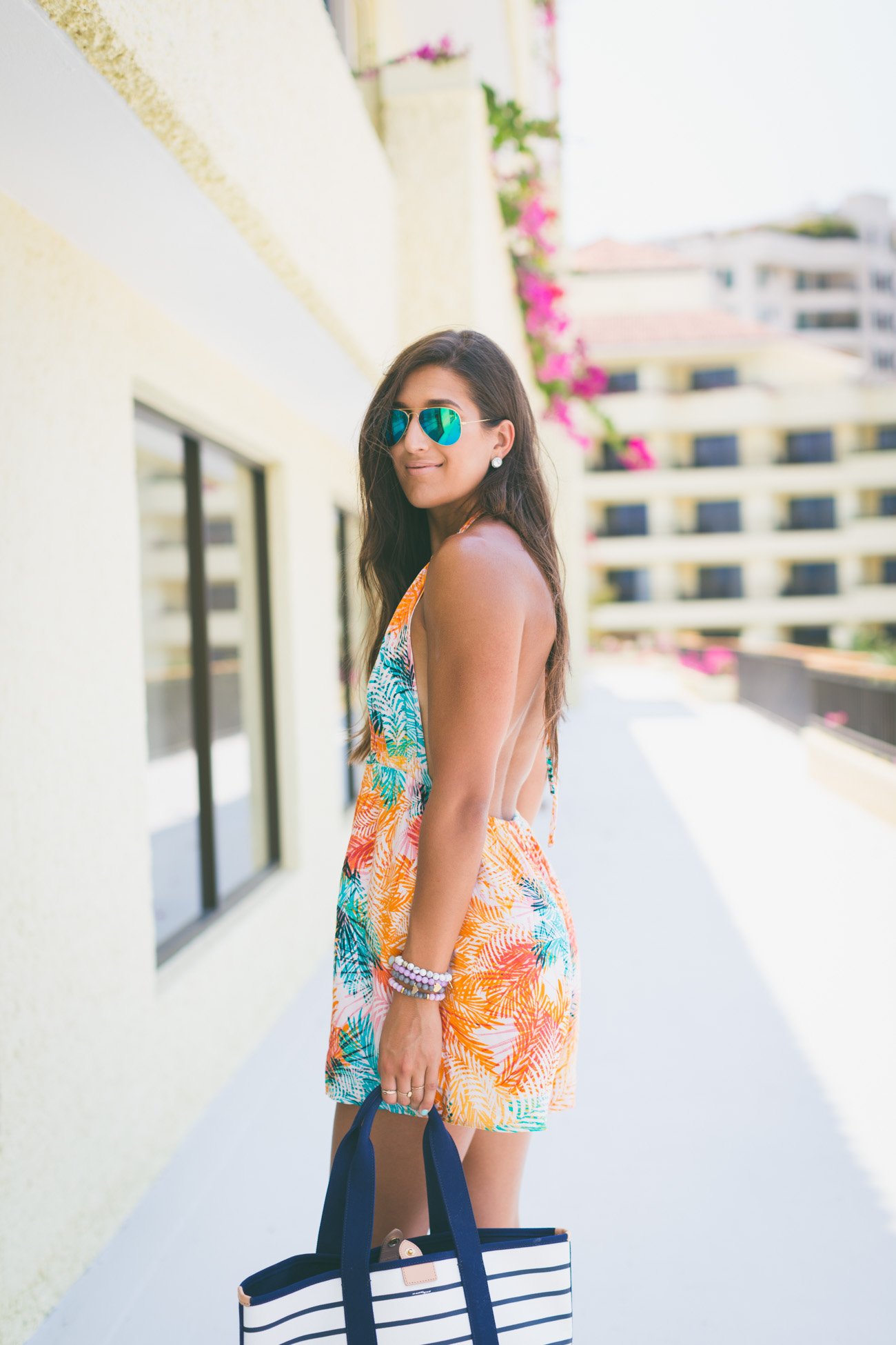 palm print romper, tropical print romper, somedays lovin romper, palm romper, mexico outfit, vacation fashion, vacation outfits,  stripe tote, stripe beach tote, steve madden platform wedge sandal, tropical outfit, tropical fashion, tropical getaway outfit // grace wainwright a southern drawl