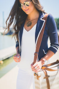 stripe tote, preppy navy blazer, nautical outfit, nautical blazer, nautical fashion, summer nautical outfit, fourth of july fashion, fourth of july outfit, july fourth style, extra large gold monogram necklace, dior so real sunglasses in light gold, modcloth outfit, modcloth blazer, modcloth workwear, bow heels, side bow heels, red bow pumps, preppy fashion, preppy outfit ideas, summer preppy outfit // grace wainwright a southern drawl