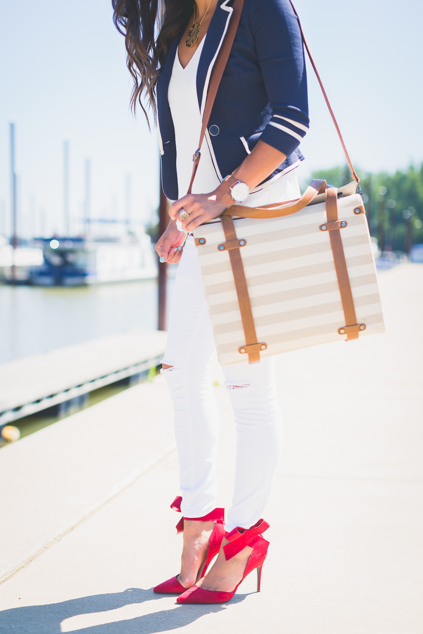 stripe tote, preppy navy blazer, nautical outfit, nautical blazer, nautical fashion, summer nautical outfit, fourth of july fashion, fourth of july outfit, july fourth style, extra large gold monogram necklace, dior so real sunglasses in light gold, modcloth outfit, modcloth blazer, modcloth workwear, bow heels, side bow heels, red bow pumps, preppy fashion, preppy outfit ideas, summer preppy outfit // grace wainwright a southern drawl