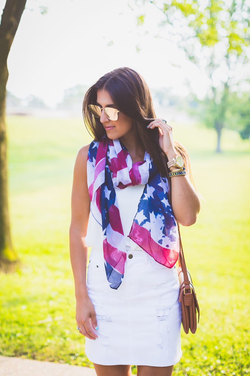 sole society lace up sandals, sole society outfit, sole society sales, sole society scarf, sole society promo code, american flag blanket scarf, white denim skirt, white distressed jean skirt, cognac crossbody satchel, rose gold aviators, rose gold mirror sunglasses, fourth of july outfit inspiration, fourth of july outfit inspo, july fourth outfit, july fourth fashion // grace wainwright a southern drawl