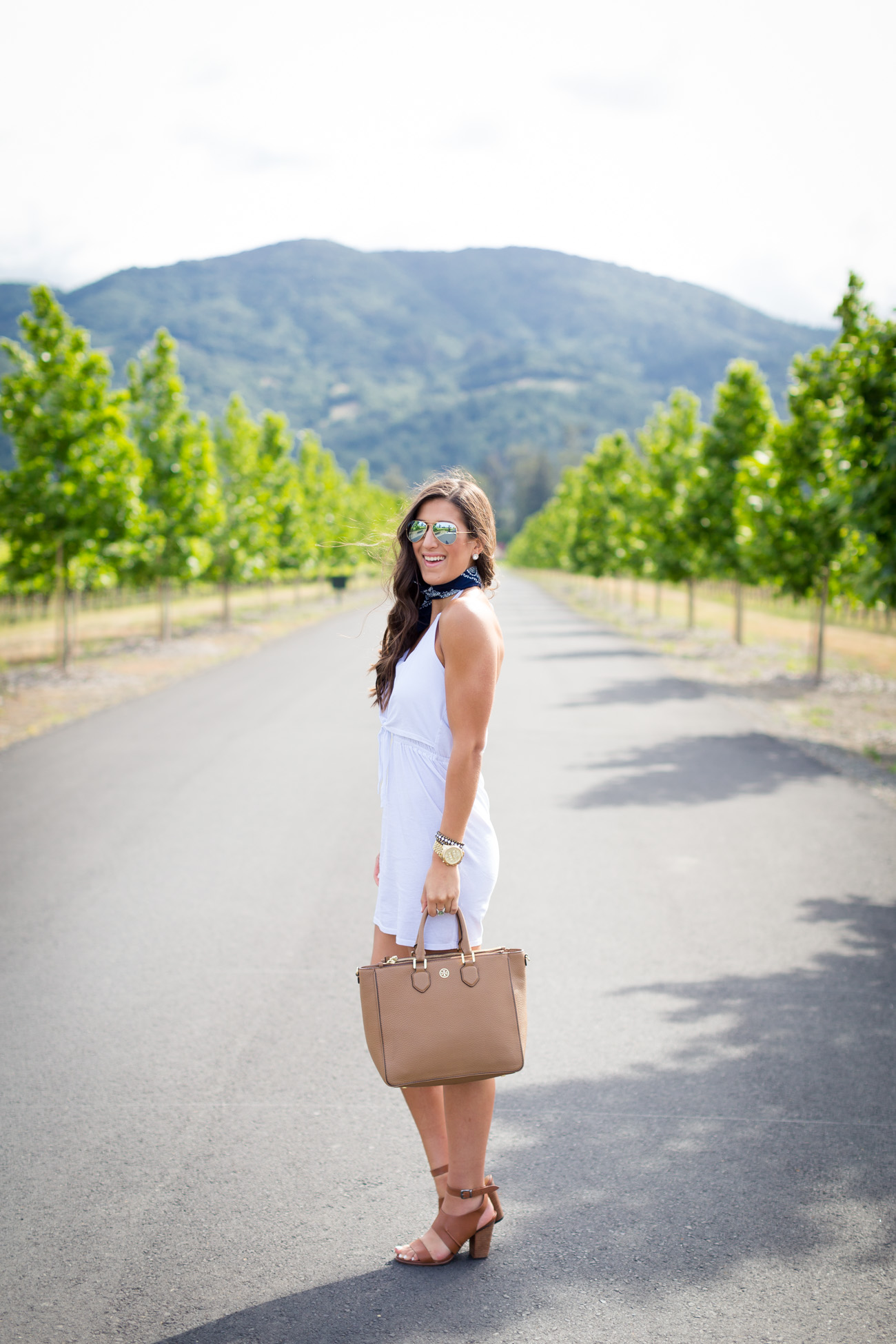 white tie halter dress, white dress, little white dress, napa valley, wine country, st helena california, bandana style, bandana around neck, french inspired outfit, casual outfit, cognac sandals, summer fashion, summer style, travel blogger, kentucky fashion blogger, front tie dress // grace wainwright a southern drawl
