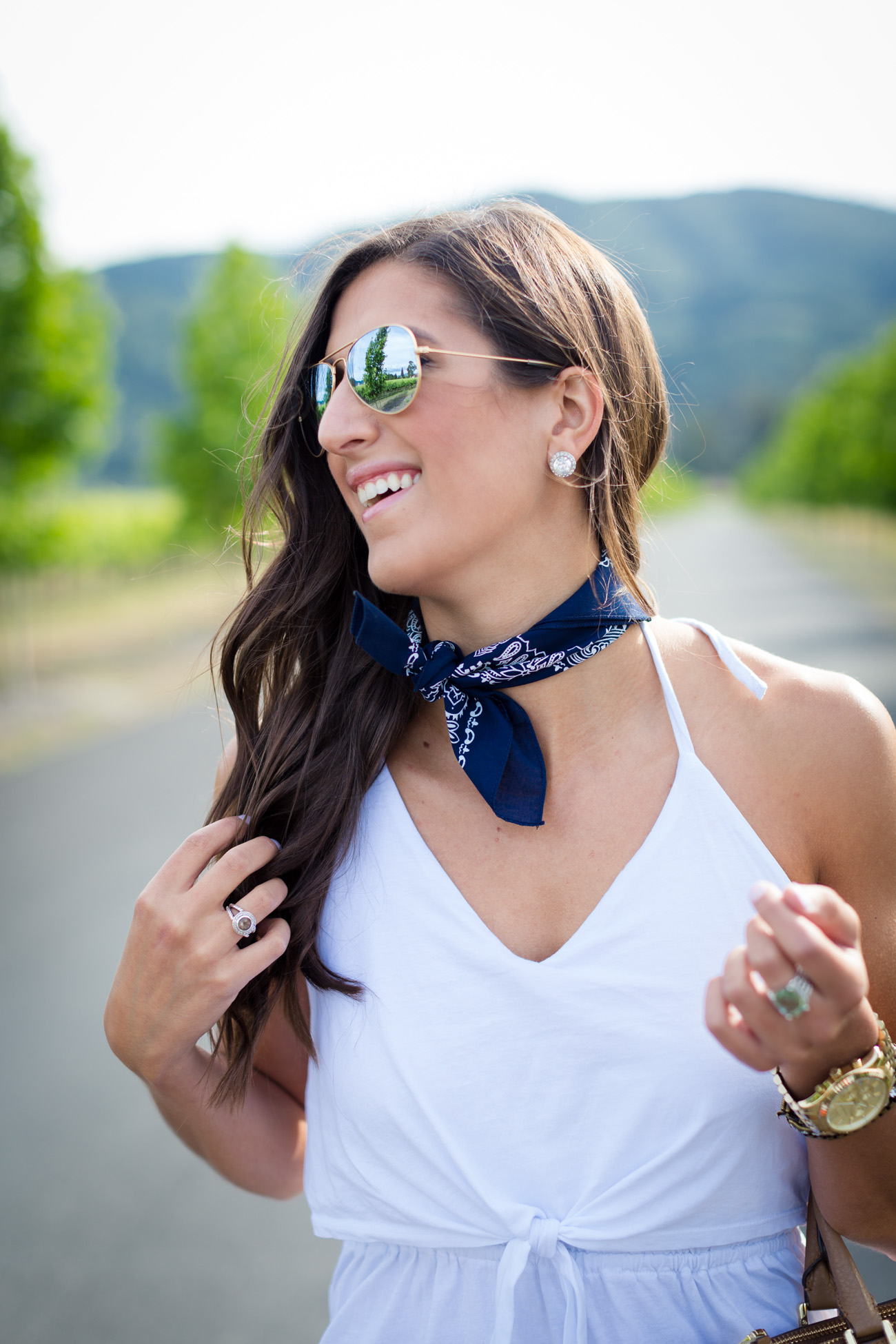 neck handkerchief, white tie halter dress, white dress, little white dress, napa valley, wine country, st helena california, bandana style, bandana around neck, french inspired outfit, casual outfit, cognac sandals, summer fashion, summer style, travel blogger, kentucky fashion blogger, front tie dress // grace wainwright a southern drawl