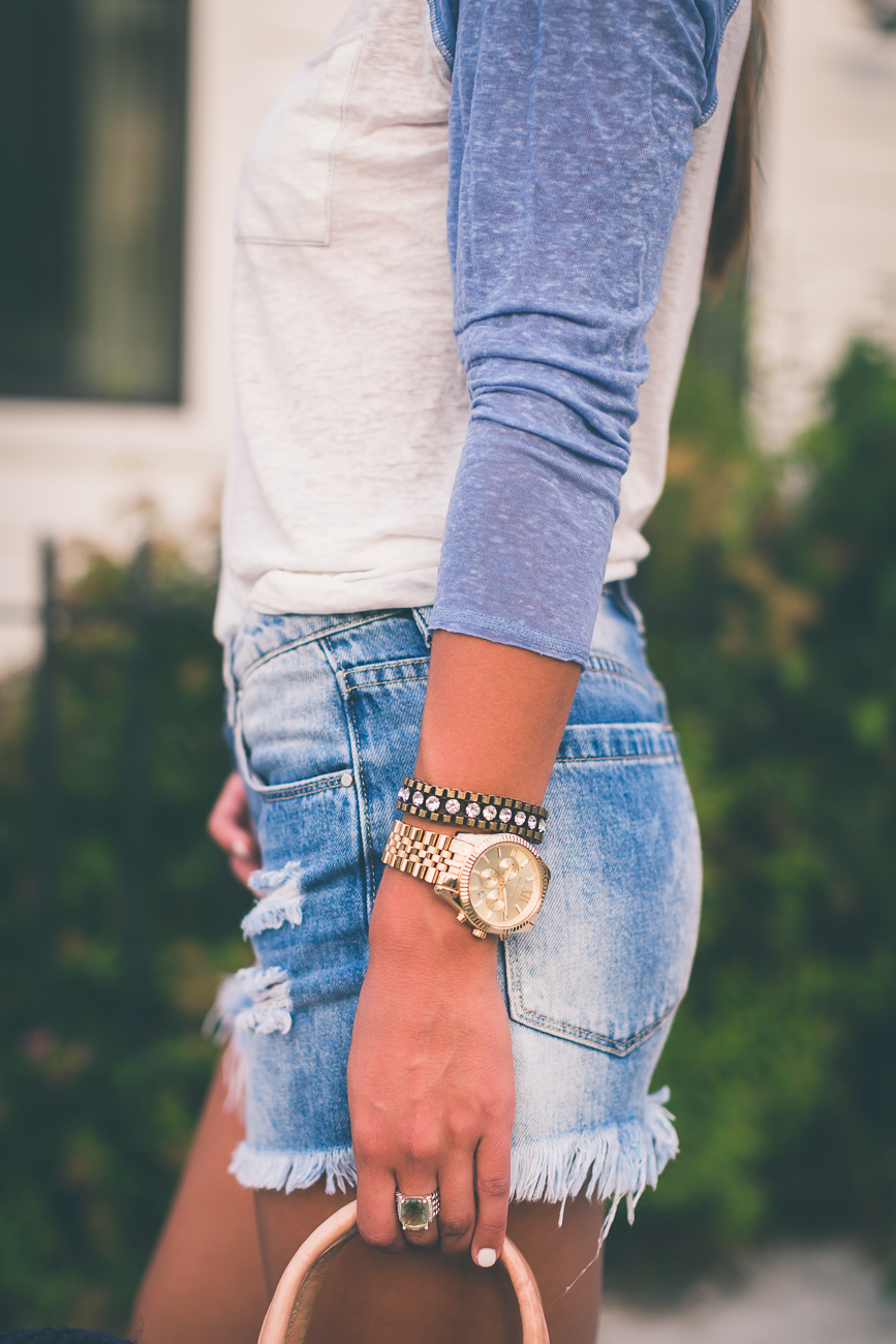 denim cutoff shorts, high rise denim shorts, baseball tee, vineyard vines baseball tee, fourth of july outfit, casual outfit, lace up sandals, lace up heels, stripe straw tote, mar y sol capri tote, edsftg, vineyard vines outfit, preppy fashion, preppy outfit // grace wainwright a southern drawl
