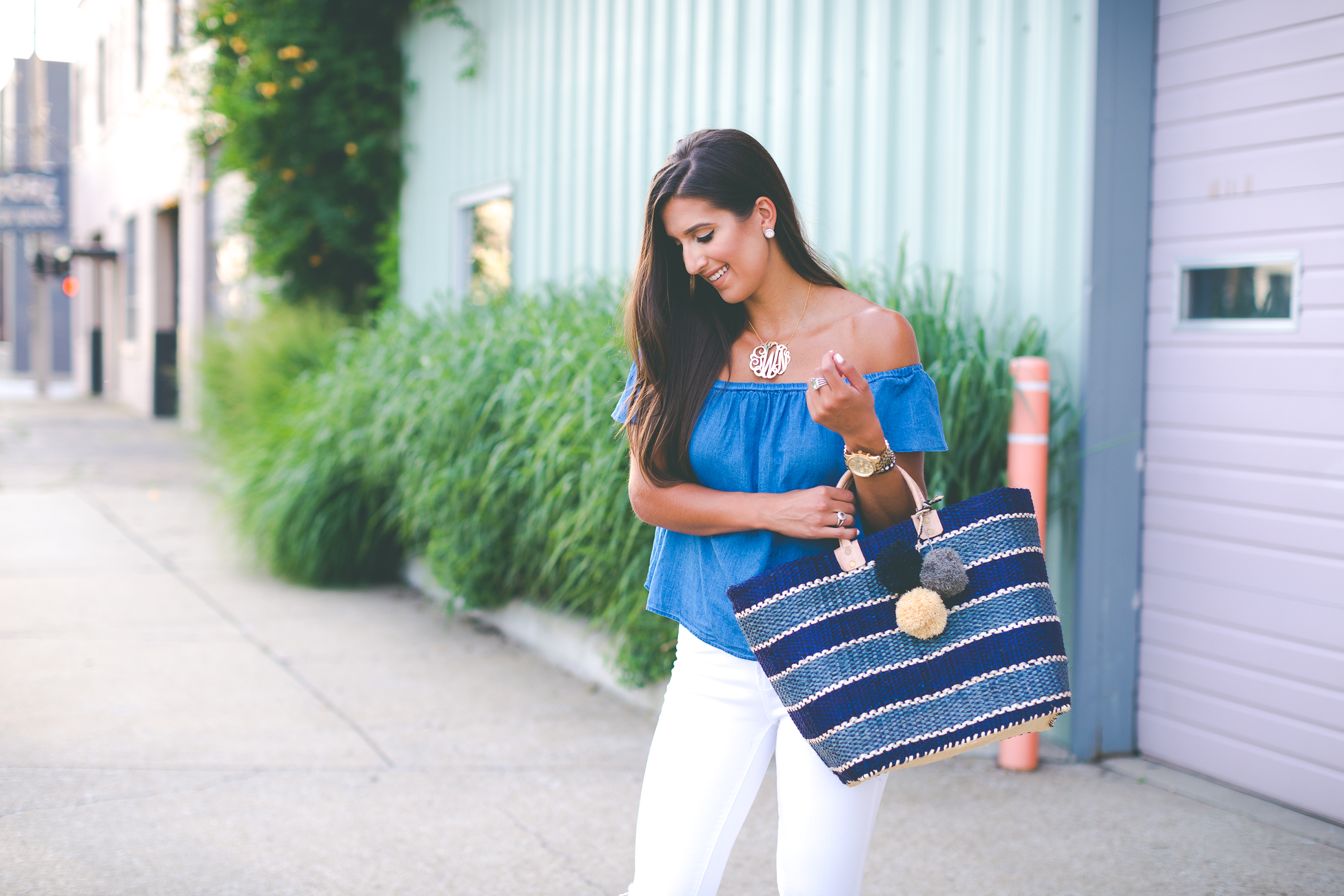 mar y sol capri tote, mar y sol stripe tote, stripe straw tote, chambray off the shoulder top, chambray top, madewell chambray top, extra large gold monogram necklace, steve madden wedge sandals, casual date night outfit, summer fashion, kentucky fashion blogger // grace wainwright a southern drawl