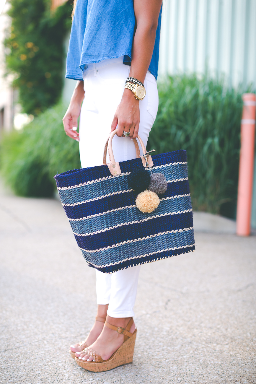 mar y sol capri tote, mar y sol stripe tote, stripe straw tote, chambray off the shoulder top, chambray top, madewell chambray top,  extra large gold monogram necklace, steve madden wedge sandals, casual date night outfit, summer fashion, kentucky fashion blogger // grace wainwright a southern drawl