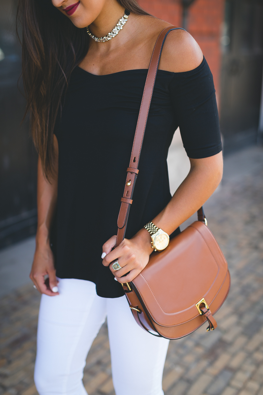 black off the shoulder top, chicwish top, black choker necklace, embellished choker necklace, brown saddle bag, saddle crossbody bag, leopard heels, leopard pumps, sweetheart off the shoulder top, classic outfit // grace wainwright a southern drawl