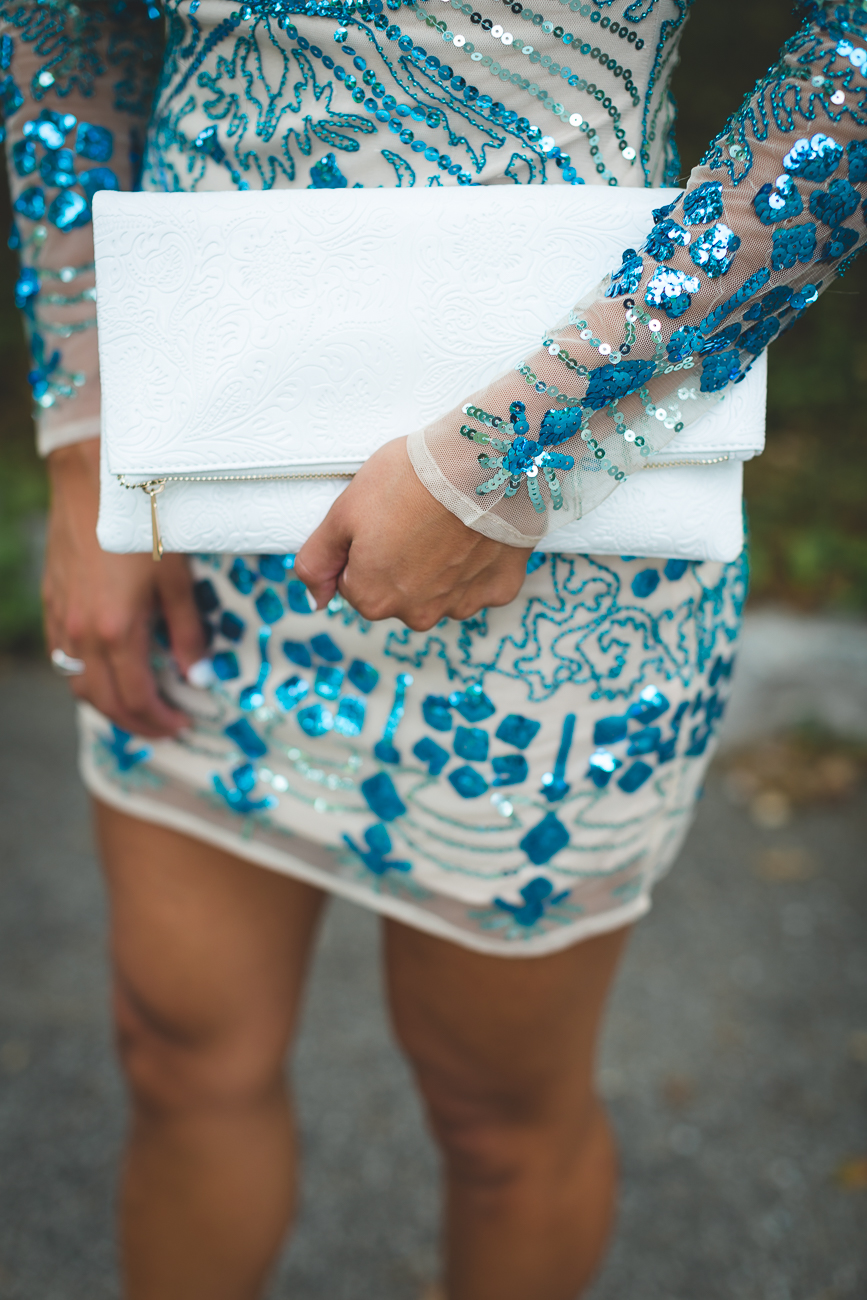 boohoo mini dress, sequin mini dress, sequin cocktail dress, sequin dress, white foldover clutch, nude strappy heels, nude strappy sandals, baublebar mariposa ear jackets, ray ban aviators, new years outfit, new years dress, sequin shift dress, long sleeve sequin dress, southern fashion blogger // grace wainwright a southern drawl