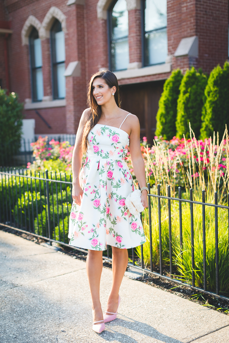 floral strapless dress, little white dress, wedding guest outfit, wedding guest dress, cocktail dress, floral dress, floral midi dress, floral a-line dress, modcloth dress, floral clutch, ivory clutch, pink pumps, blush pink heels, feminine outfit, girly outfit ideas, southern fashion blogger, bride to be outfits // grace wainwright a southern drawl
