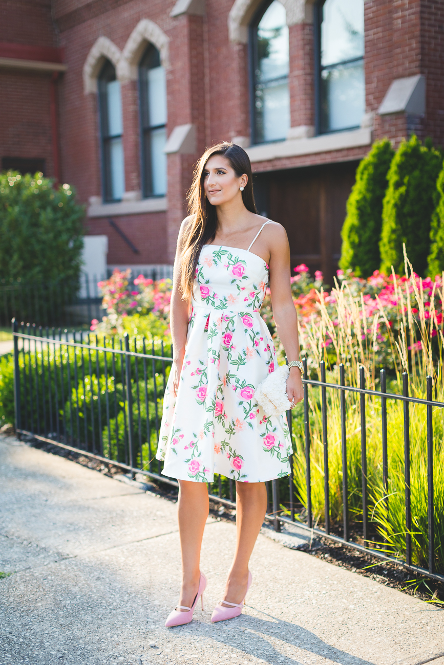 floral strapless dress, little white dress, wedding guest outfit, wedding guest dress, cocktail dress, floral dress, floral midi dress, floral a-line dress, modcloth dress, floral clutch, ivory clutch, pink pumps, blush pink heels, feminine outfit, girly outfit ideas, southern fashion blogger, bride to be outfits // grace wainwright a southern drawl