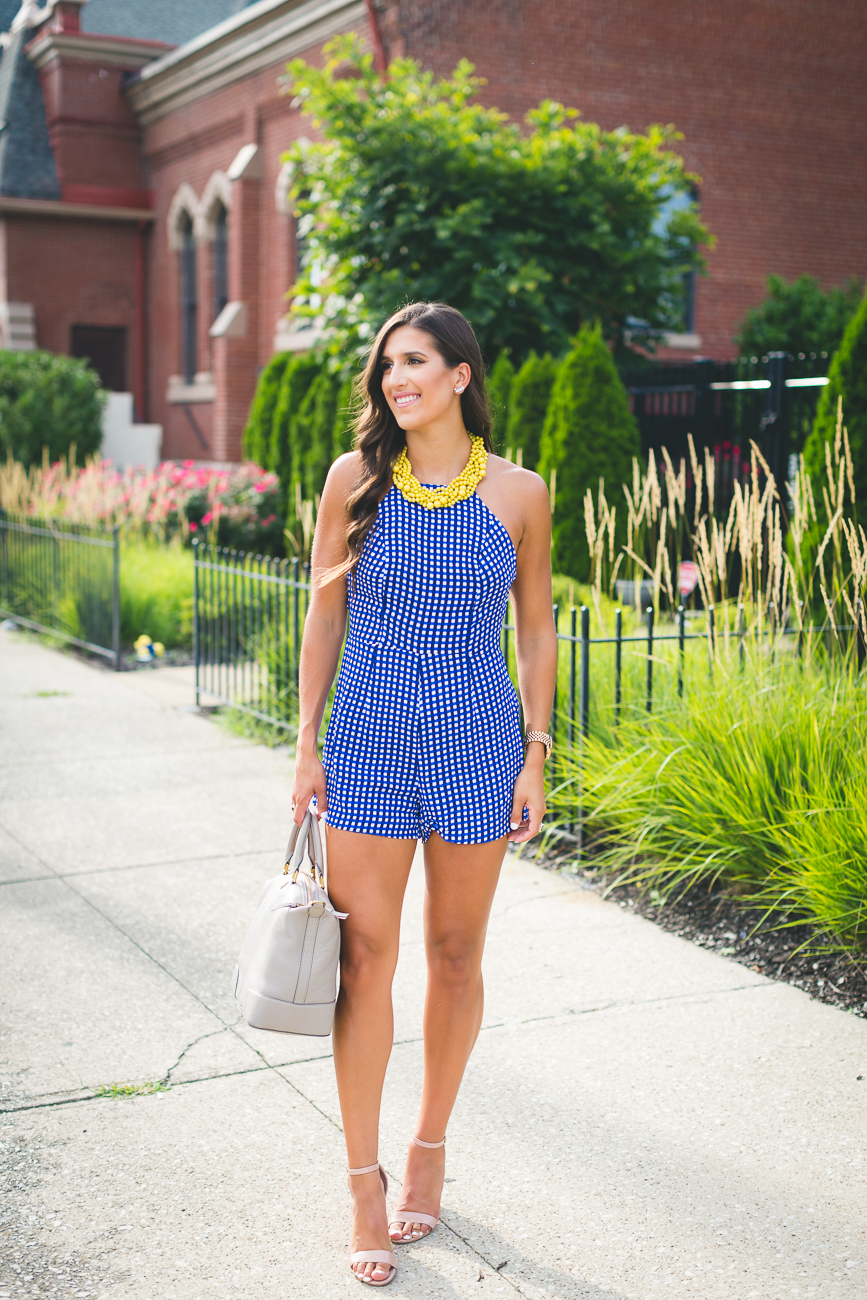 gingham romper, gingham print romper, gingham cross back romper, mustard beaded necklace, yellow statement necklace, gingham outfit, preppy romper, summer romper, summer fashion, summer outfit ideas // grace wainwright a southern drawl