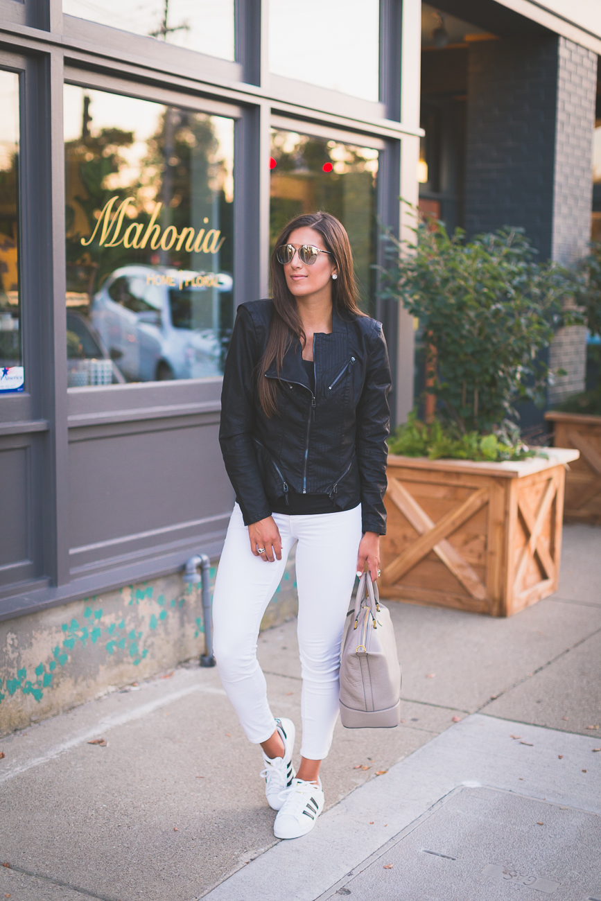 white skinny jeans, adidas superstar sneaker, black leather jacket, faux leather jacket, blanknyc faux leather jacket, fall leather jacket, fall style, fall fashion, edgy fall outfit, gold dior reflected sunglasses, gold dior so real sunglasses, tory burch satchel // grace wainwright a southern drawl