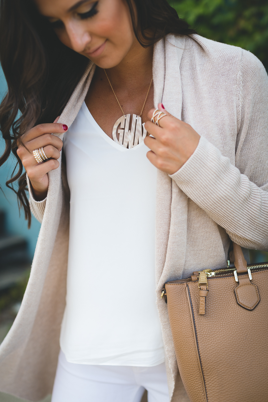 neutral drape cardigan, neutral beige cardigan, extra large acrylic monogram necklace, neutral fall outfit, distressed white jeans, waterfall cardigan, preppy fall style, preppy fall outfit, cute fall outfits, fall inspiration // grace wainwright a southern drawl