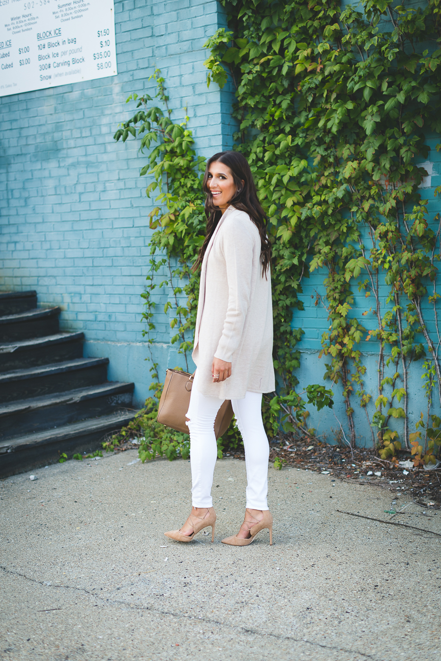 neutral drape cardigan, neutral beige cardigan, extra large acrylic monogram necklace, neutral fall outfit, distressed white jeans, waterfall cardigan, preppy fall style, preppy fall outfit, cute fall outfits, fall inspiration // grace wainwright a southern drawl