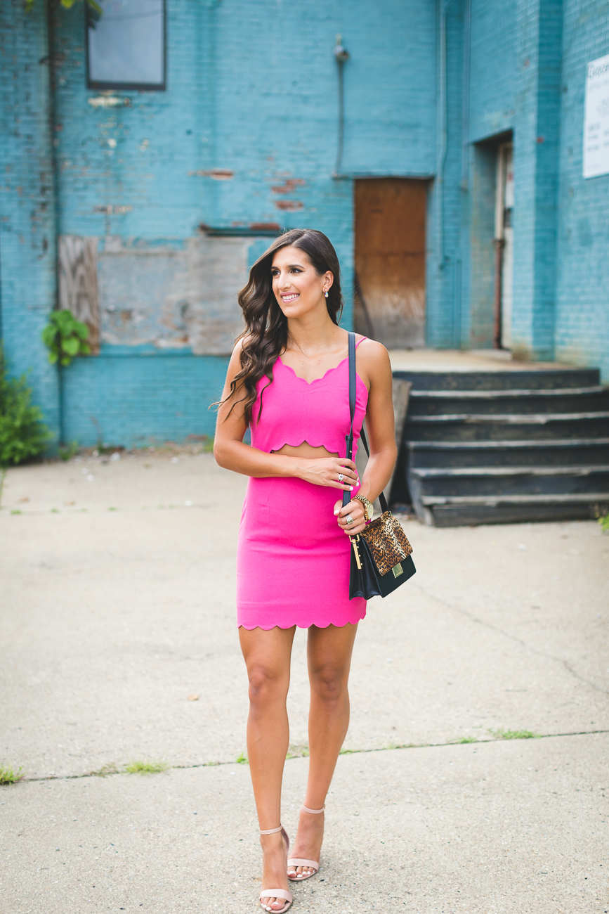 pink scallop dress, pink scallop cutout dress, leopard crossbody bag, vince camuto abril crossbody bag, little pink dress, pink body con dress, scallop cocktail dress // grace wainwright a southern drawl