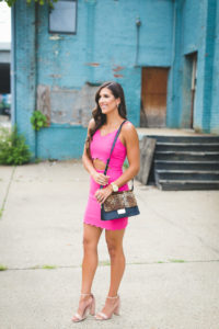 pink scallop dress, pink scallop cutout dress, leopard crossbody bag, vince camuto abril crossbody bag, little pink dress, pink body con dress, scallop cocktail dress // grace wainwright a southern drawl