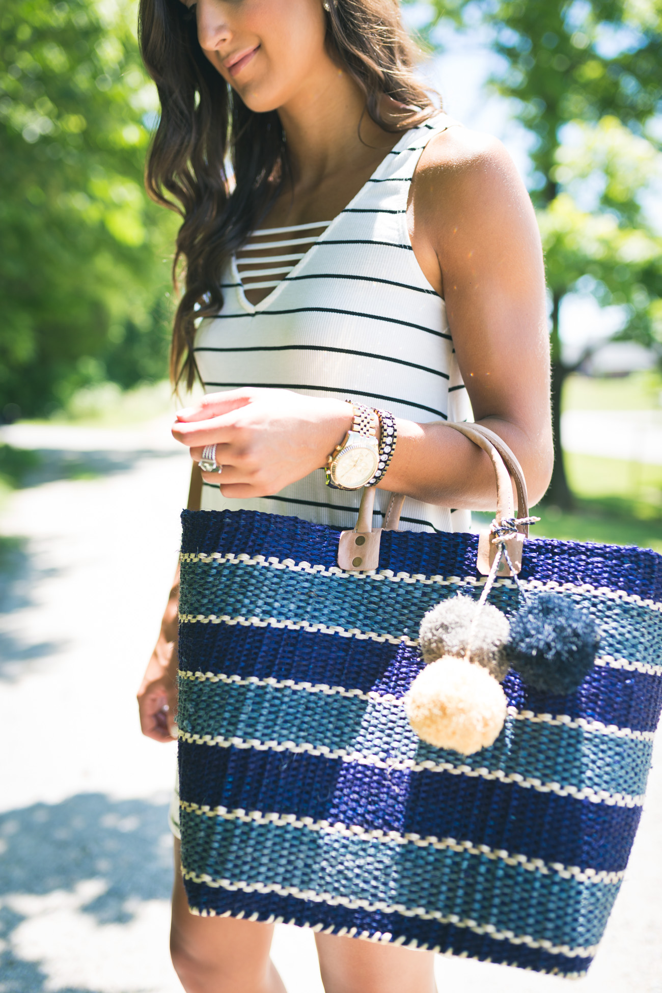 gold michael kors watch, pom tote, stripe dress, stripe tote, mar y sol capri tote, stripe ivory dress, stripe swing dress, beach tote, stripe beach tote, casual style, summer fashion, summer outfit ideas, stripe summer dress, affordable sundresses, kentucky fashion blogger // grace wainwright a southern drawl