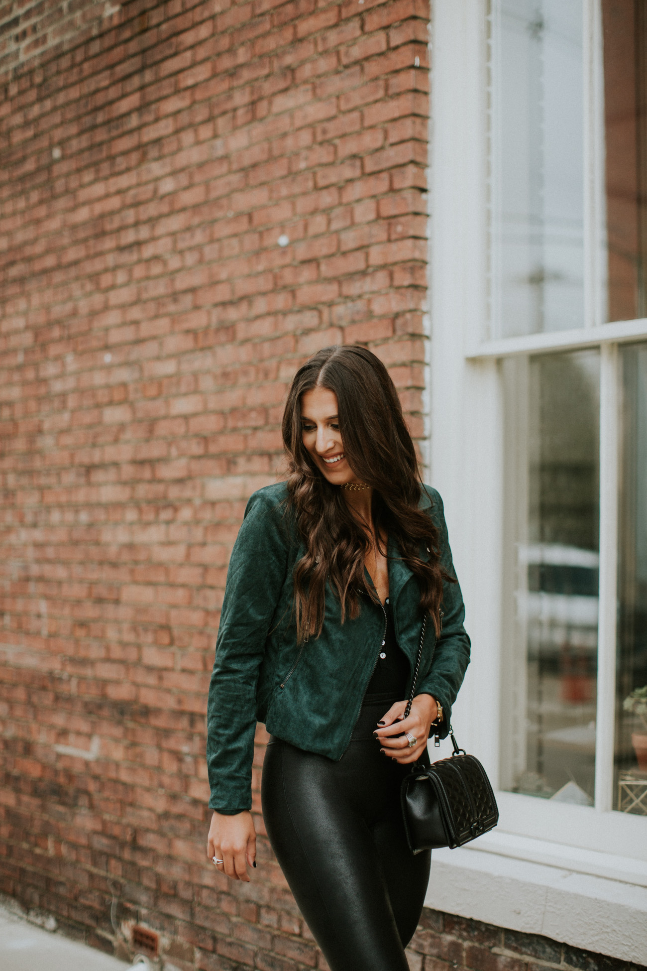 suede moto jacket, faux leather leggings, rebecca minkoff love crossbody bag, free people bodysuit, spanx leather leggings, halogen booties, fall booties, black booties, fall style, fall fashion, cute fall outfit, southern fashion blogger // grace wainwright a southern drawl