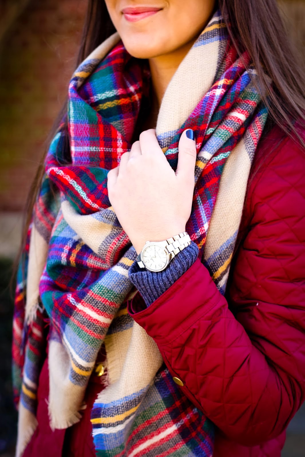 quilted jacket, plaid blanket scarf, plaid scarf, fall plaid scarf, plaid oversized scarf, navy quilted jacket, preppy quilted jacket, leather watch, fall style, fall fashion, fall style inspiration, a southern drawl fall outfits, cute fall outfits, preppy fall outfits, southern fashion blogger // grace wainwright a southern drawl