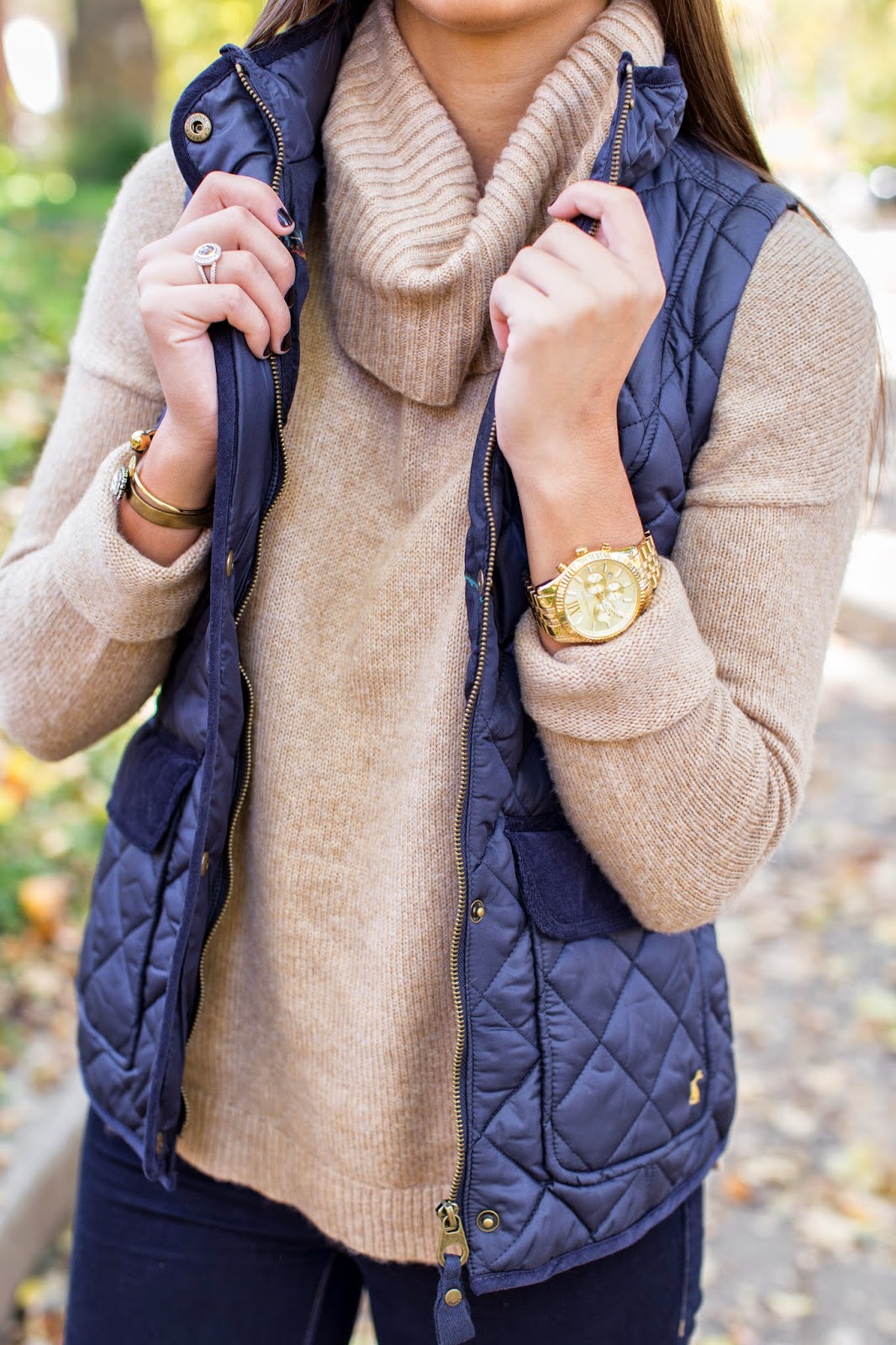 fall outfit ideas, navy quilted vest, navy puffer vest, preppy navy vest, camel cowl neck sweater, camel sweater, fall style, fall fashion, fall style inspiration, a southern drawl fall outfits, cute fall outfits, preppy fall outfits, southern fashion blogger // grace wainwright a southern drawl