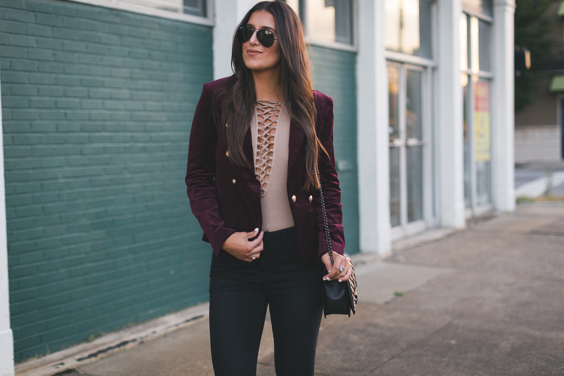 fall velvet blazer, fall blazer, bordeaux blazer, bloomingdale's exclusives, rebecca minkoff crossbody, rebecca minkoff quilted love crossbody, lace up bodysuit, nude bodysuit, steve madden carrson sandal, burgundy blazer, fall fashion, fall outfit, fall style, cute fall style, fall going out outfit, southern fashion blogger // grace wainwright a southern drawl