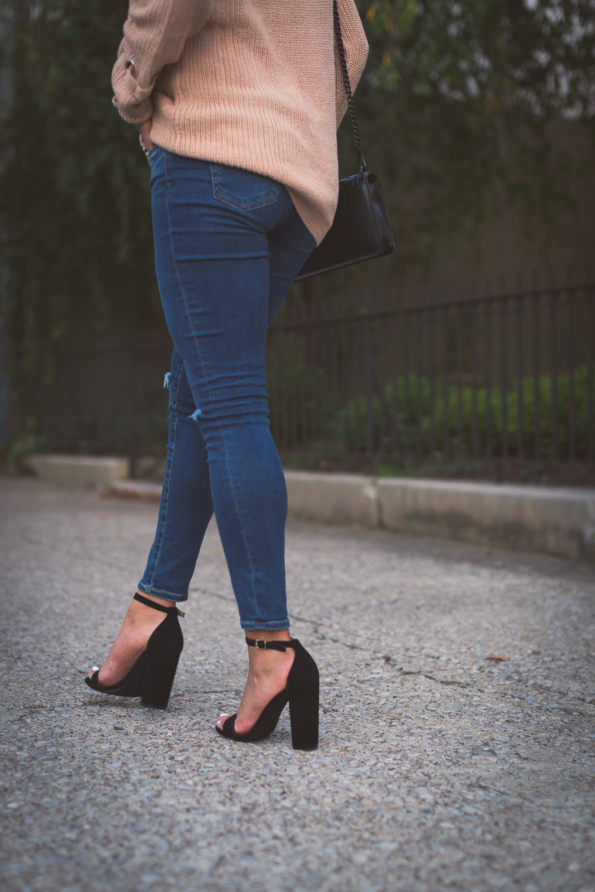 lace up sweater, distressed jeans, ag distressed skinny jeans, neutral sweater, fall fashion, fall style, fall outfit, off the shoulder sweater, off the shoulder lace up sweater, rebecca minkoff crossbody bag, steve madden strappy sandals, fall suede sandals, block heels, southern fashion blogger // grace wainwright a southern drawl