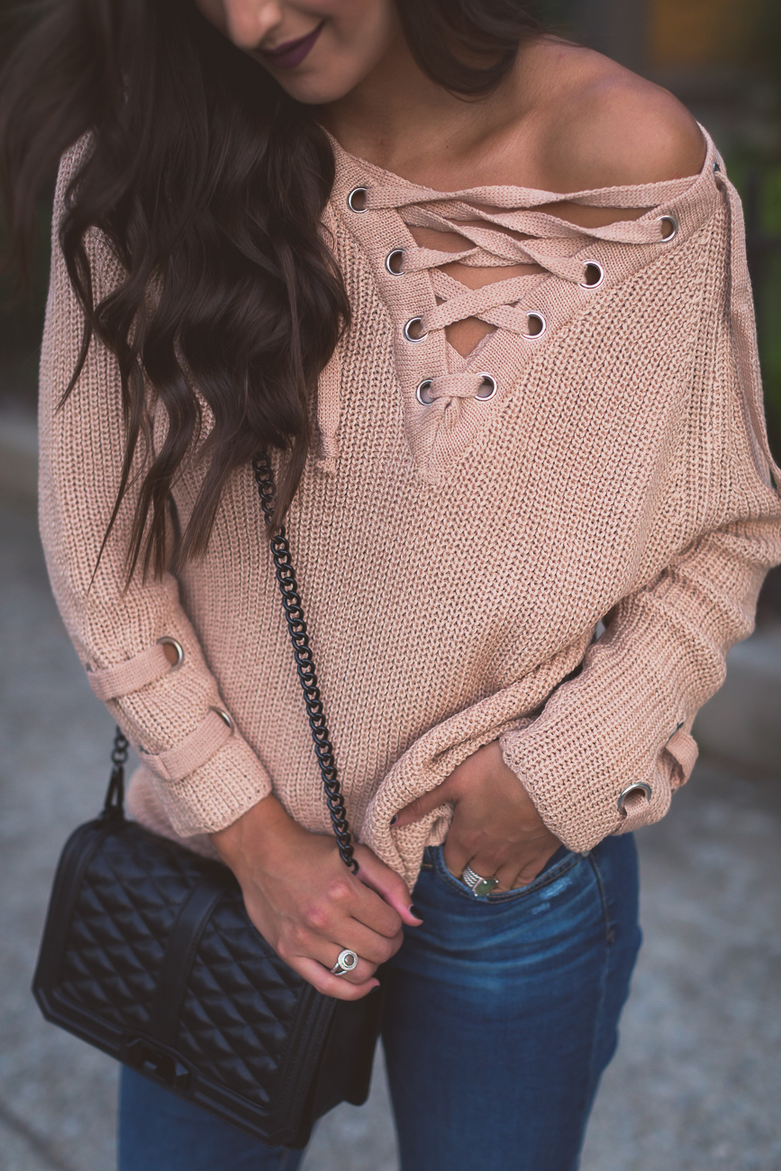 lace up sweater, distressed jeans, ag distressed skinny jeans, neutral sweater, fall fashion, fall style, fall outfit, off the shoulder sweater, off the shoulder lace up sweater, rebecca minkoff crossbody bag, steve madden strappy sandals, fall suede sandals, block heels, southern fashion blogger // grace wainwright a southern drawl