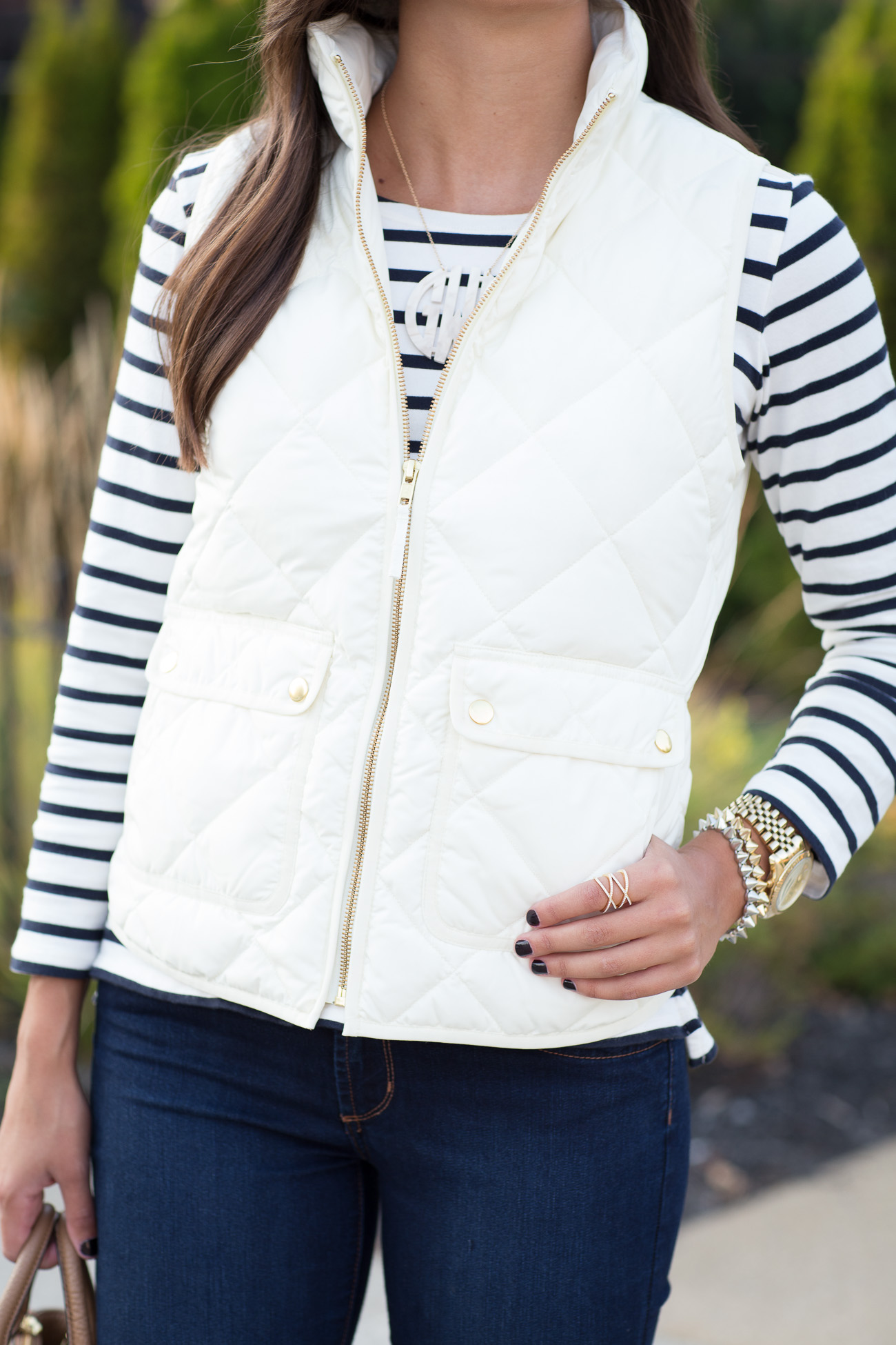 fall outfit ideas, quilted vest, j.crew excursion vest, navy stripe tee, extra large acrylic monogram necklace, ivory excursion vest, ivory puffer vest, fall style, fall fashion, fall style inspiration, a southern drawl fall outfits, cute fall outfits, preppy fall outfits, southern fashion blogger // grace wainwright a southern drawl