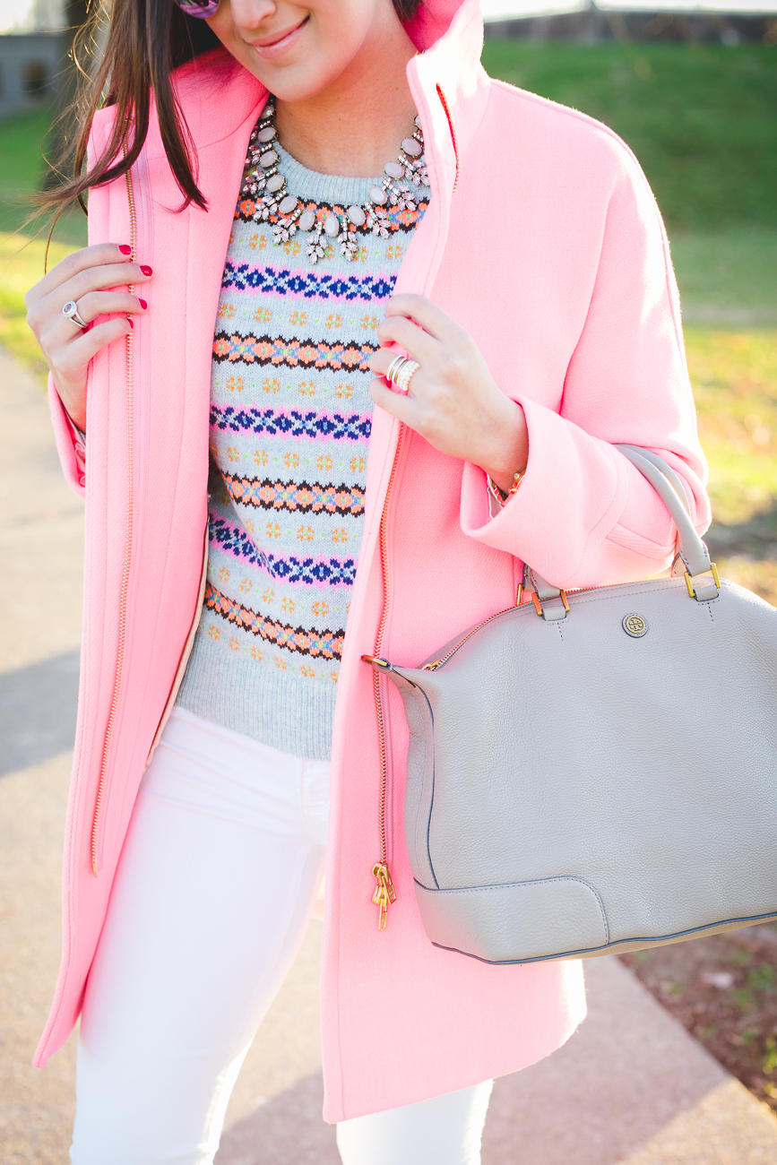 fall outfit ideas, neon fair isle sweater, pastel cocoon coat, j.crew cocoon coat, pink cocoon coat, fall style, fall fashion, fall style inspiration, a southern drawl fall outfits, cute fall outfits, preppy fall outfits, southern fashion blogger // grace wainwright a southern drawl