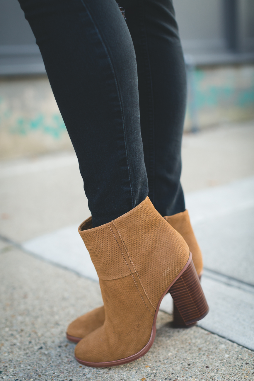 plaid off the shoulder top, transitional style, fall transitional outfit, tartan plaid top, off the shoulder ruffle top, black distressed skinny jeans, fall booties, cognac booties, vince camuto booties, baublebar choker necklace, tory burch slouchy satchel necklace, fall style, fall fashion, cute fall outfit, sanctuary plaid top, southern fashion blogger // grace wainwright a southern drawl