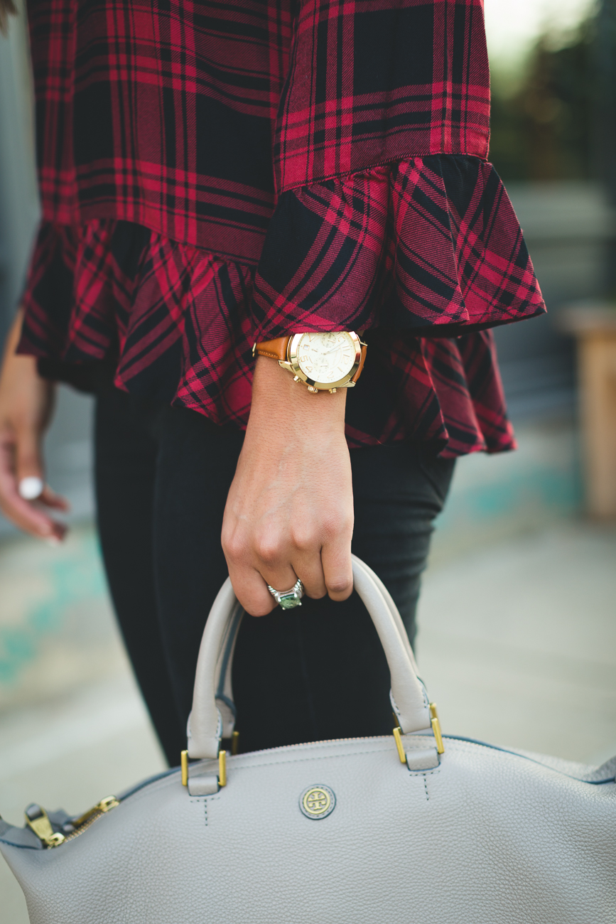 plaid off the shoulder top, transitional style, fall transitional outfit, tartan plaid top, off the shoulder ruffle top, black distressed skinny jeans, fall booties, cognac booties, vince camuto booties, baublebar choker necklace, tory burch slouchy satchel necklace, fall style, fall fashion, cute fall outfit, sanctuary plaid top, southern fashion blogger // grace wainwright a southern drawl