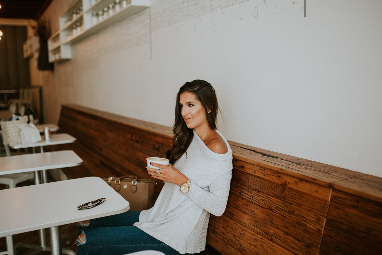 off the shoulder fall pullover, cozy off the shoulder top, free people off the shoulder top, free people fall outfit, free people sweater, ag distressed skinny jeans, coffee shop outfit, fall coffee shop, cognac booties, fall fashion, cute fall outfit, cozy fall outfit, southern fashion blogger // grace wainwright a southern drawl