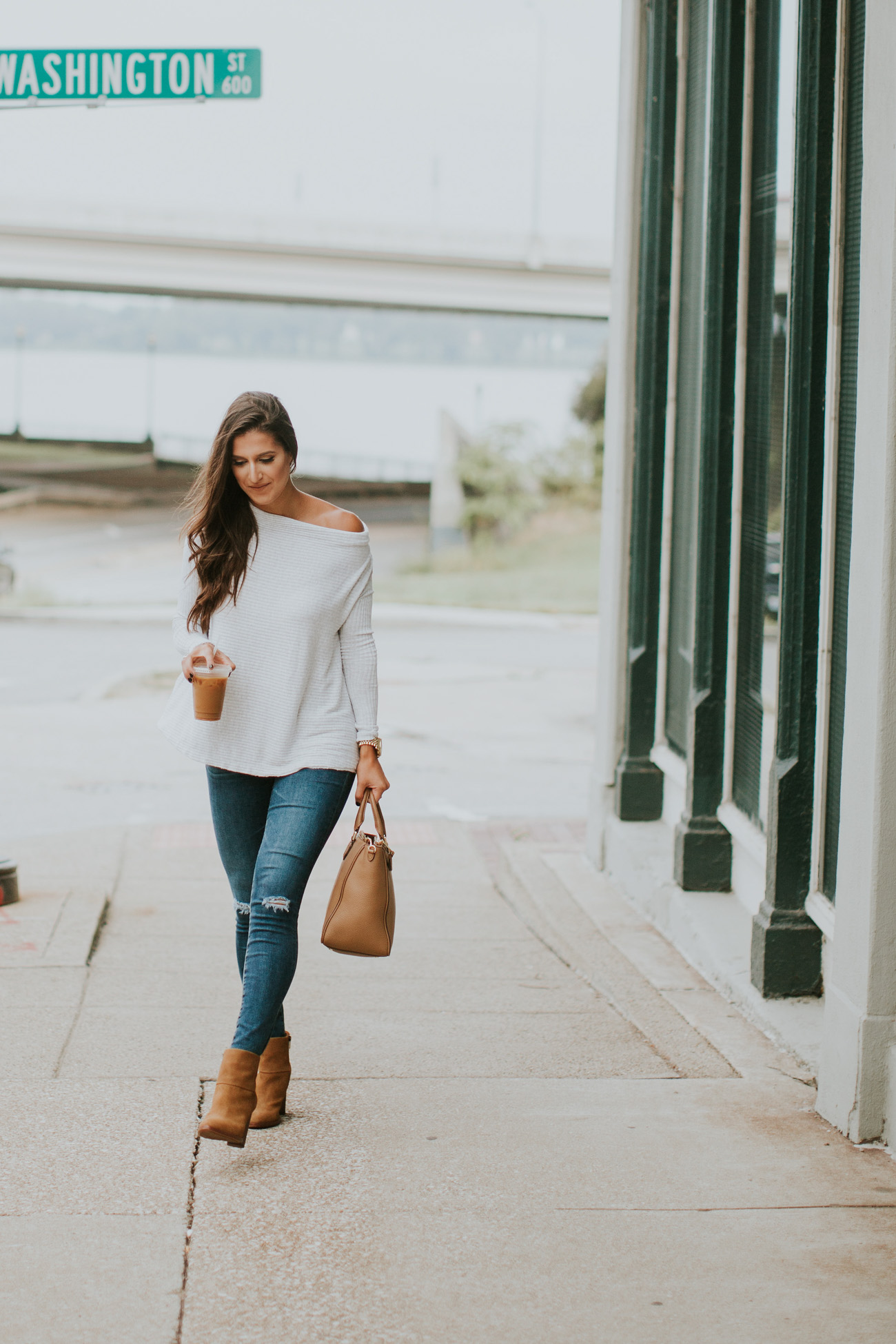 off the shoulder fall pullover, cozy off the shoulder top, free people off the shoulder top, free people fall outfit, free people sweater, ag distressed skinny jeans, coffee shop outfit, fall coffee shop, cognac booties, fall fashion, cute fall outfit, cozy fall outfit, southern fashion blogger // grace wainwright a southern drawl