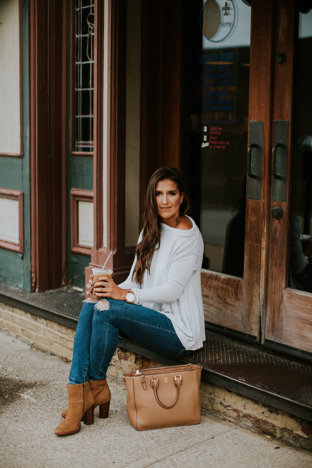 off the shoulder fall pullover, cozy off the shoulder top, free people off the shoulder top, free people fall outfit, free people sweater, ag distressed skinny jeans, coffee shop outfit, fall coffee shop, cognac booties, fall fashion, cute fall outfit, cozy fall outfit, southern fashion blogger // grace wainwright a southern drawl