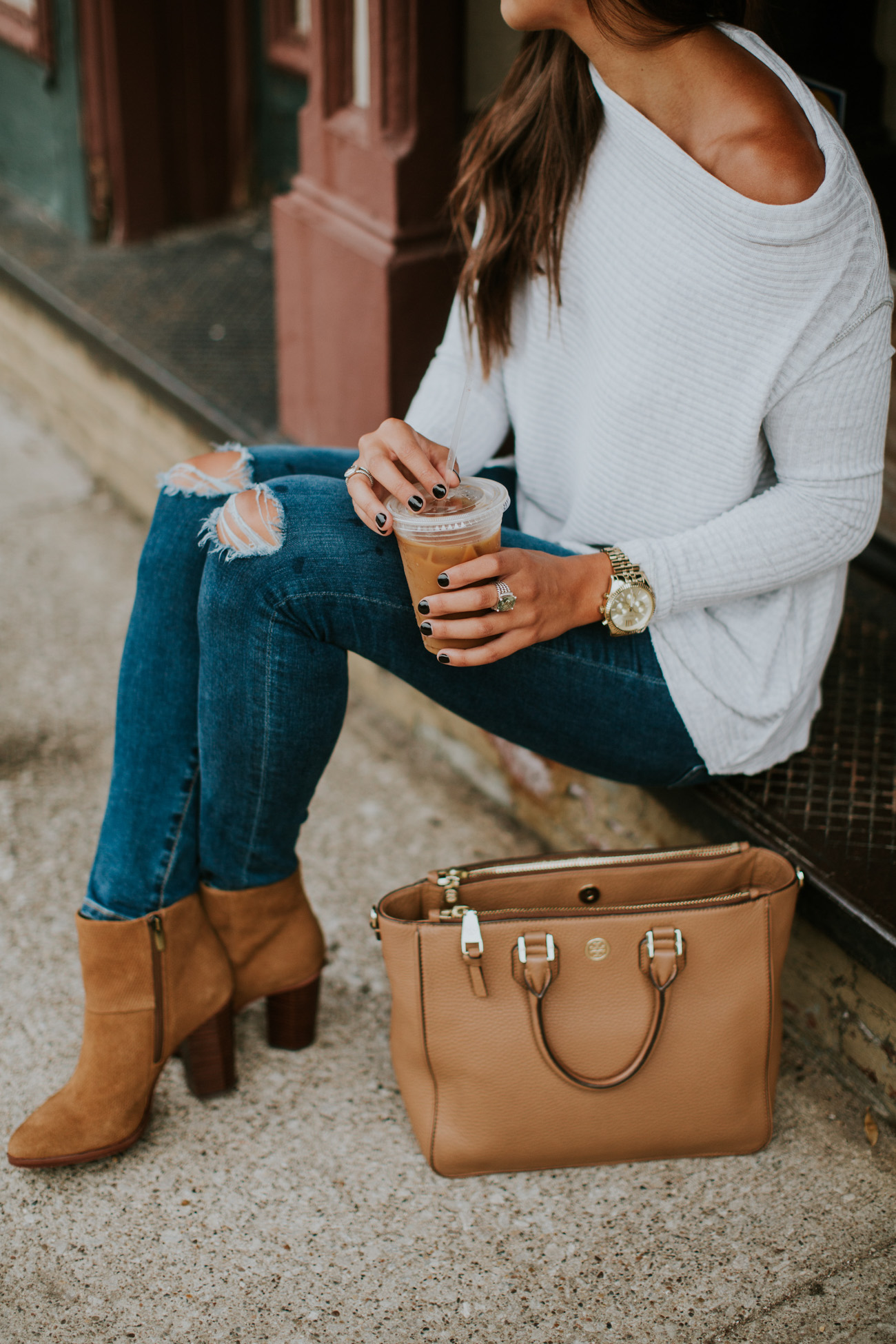 off the shoulder fall pullover, cozy off the shoulder top, free people off the shoulder top, free people fall outfit, free people sweater, ag distressed skinny jeans, coffee shop outfit, fall coffee shop, cognac booties, fall fashion, cute fall outfit, cozy fall outfit, southern fashion blogger // grace wainwright a southern drawl