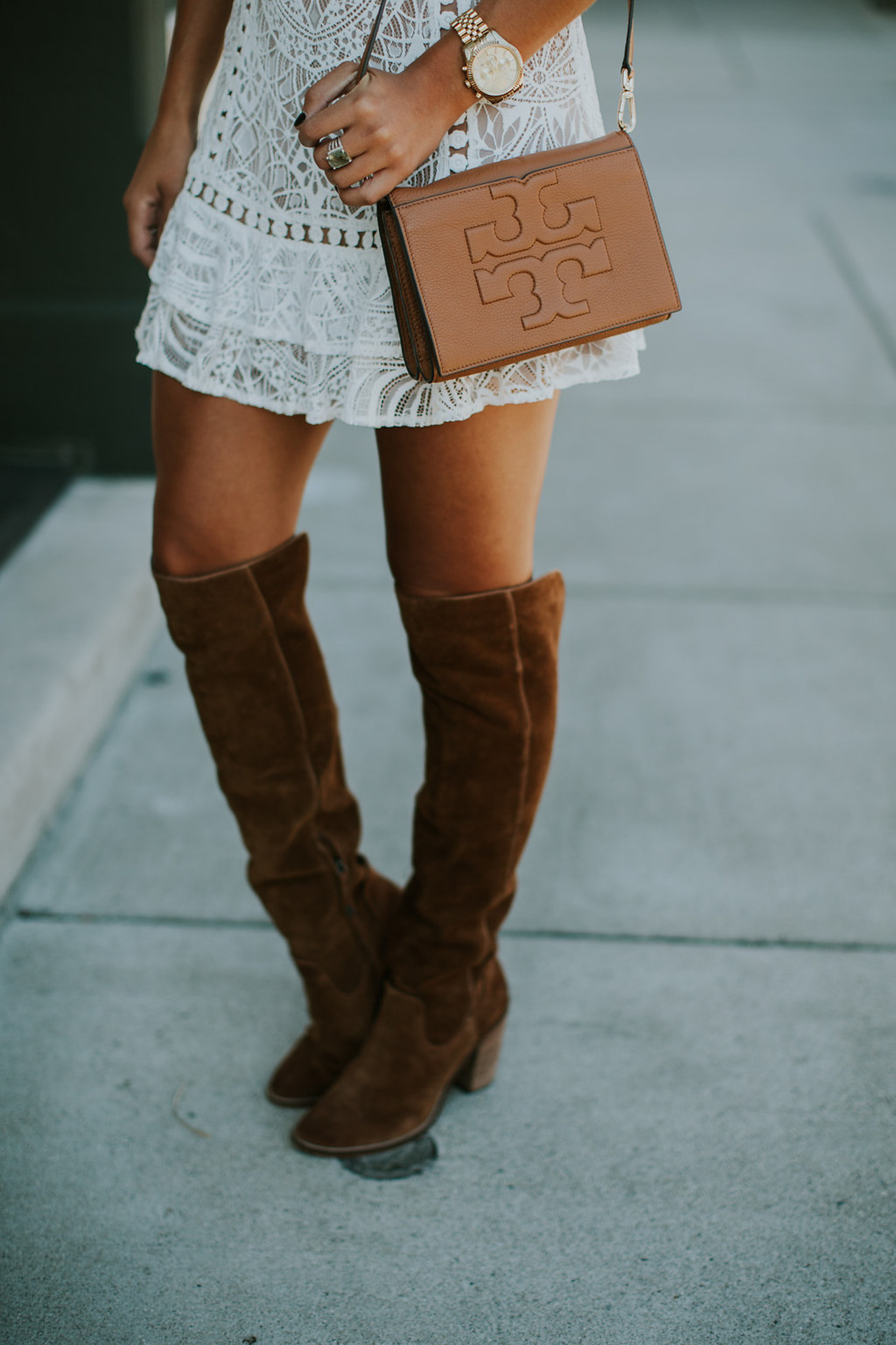 cap sleeve lace dress , little white dress, feminine white dress, over the knee boots, dolce vita over the knee boots, for love and lemons emerie dress, tory burch crossbody bag, cap sleeve dress // grace wainwright a southern drawl