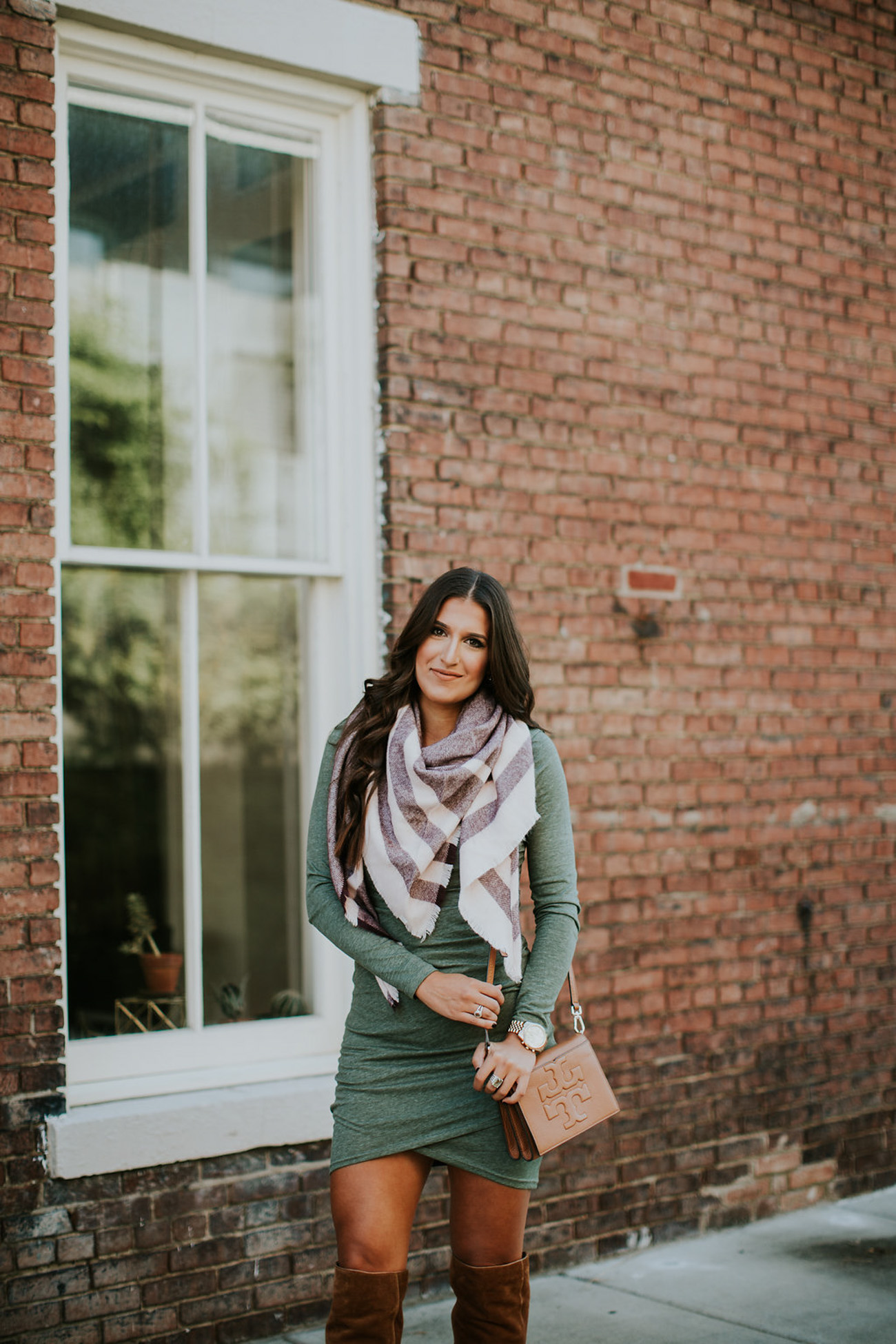 ruched long sleeve dress, plaid blanket scarf, plaid scarf, fall plaid scarf, fall scarf, caslon plaid scarf, tory burch crossbody bag, nordstrom accessories, dolce vita over the knee boots, cognac over the knee boots, cute fall outfit, fall outfit inspiration, southern fashion blogger // grace wainwright a southern drawl